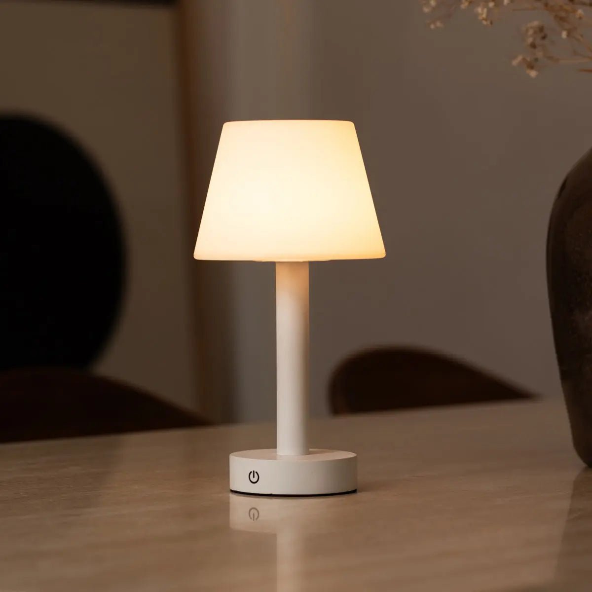 Zoë White Wooden Rechargeable Table Lamp | Cordless, Dimmable, USB-C, 80-Hour Battery