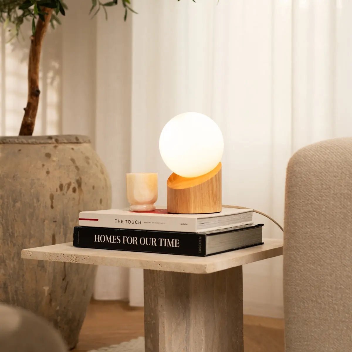 Quin Light Brown Wooden Lamp with Cord - Sustainable Rubberwood & Frosted Glass