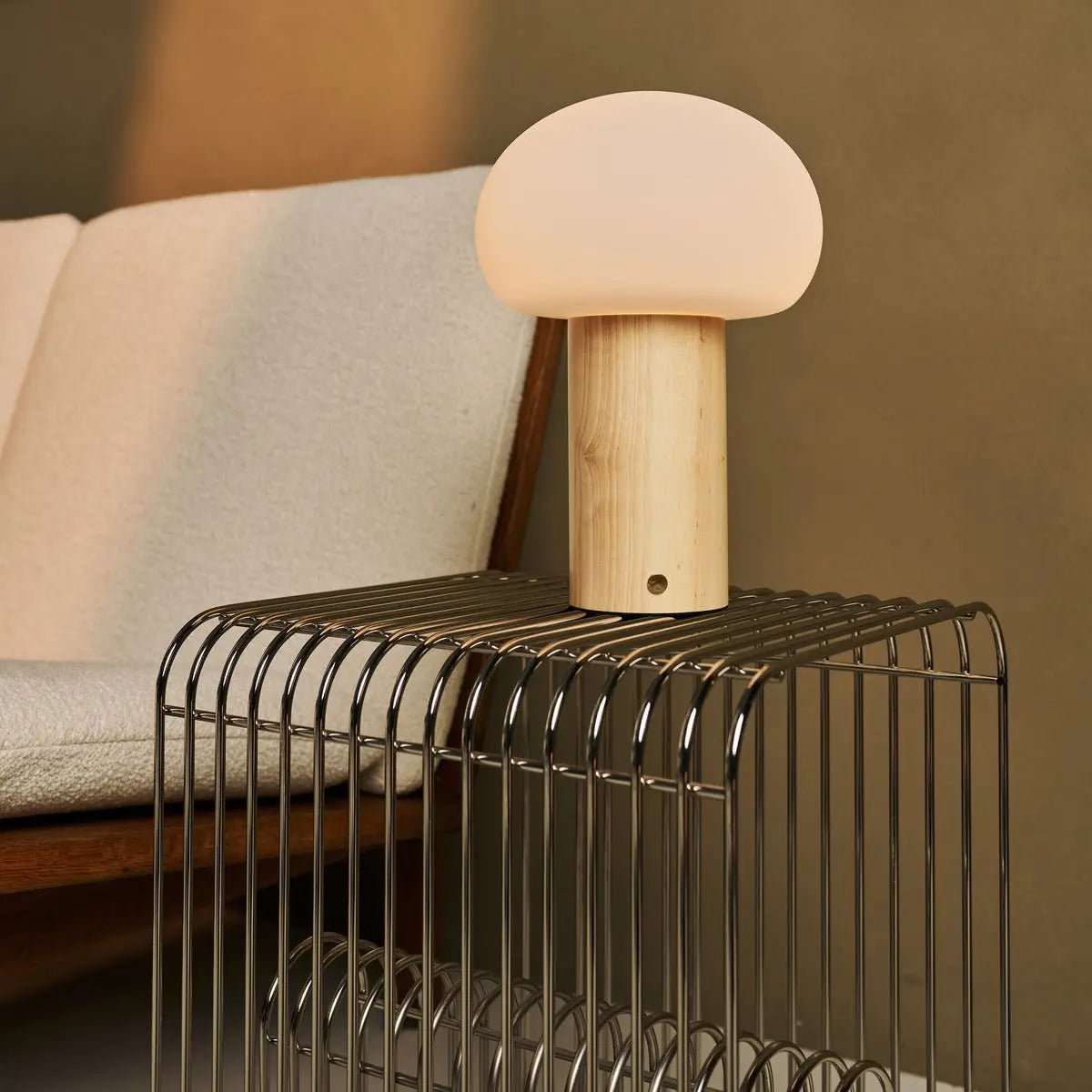 Sam Light Brown Wooden Table Lamp with Glass & Rechargeable Battery | Dimmable & Versatile Lighting