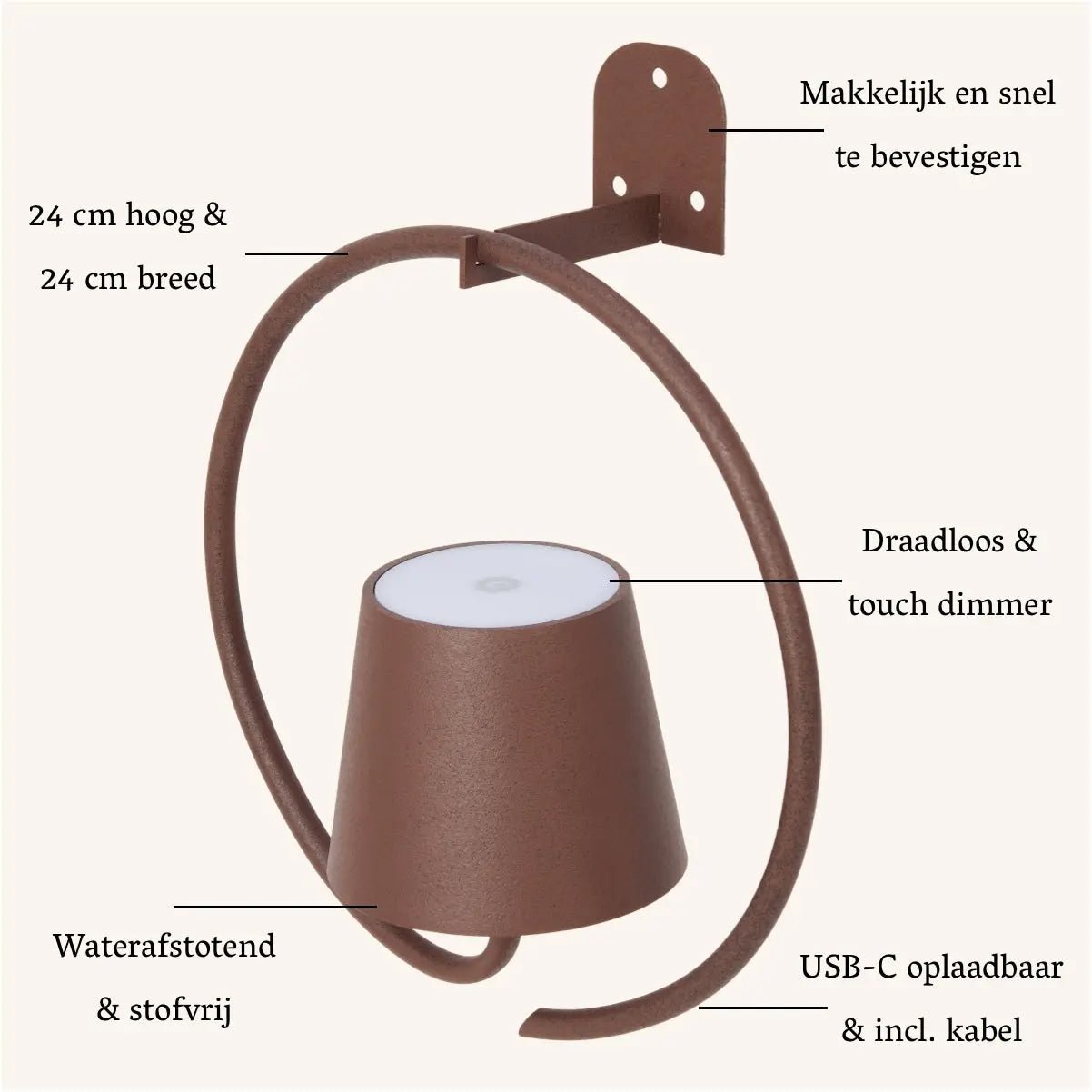 Cielo Dark Brown Rechargeable Metal Wall Lamp – Cordless, Dimmable, and Stylish