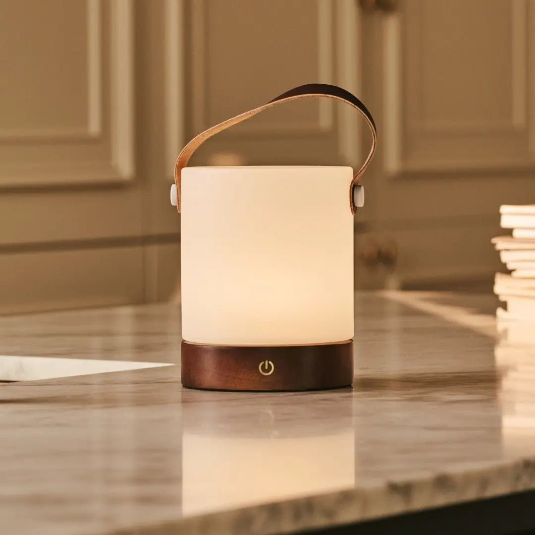 Avery Dark Brown Rechargeable Wooden Table Lamp – Cordless & Dimmable with Leather Strap