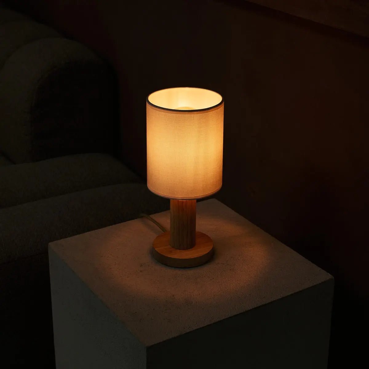 Boris Light Brown Lamp with 2 Meter Cord - Fabric Shade Lamp & Wooden Base
