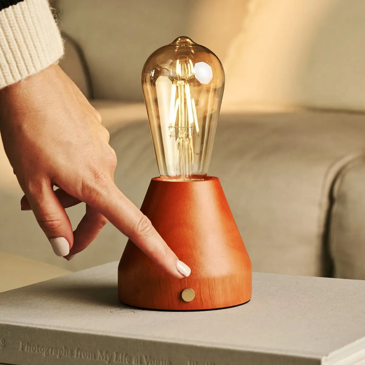 Zavi Chestnut Brown Rechargeable LED Table Lamp – Cordless, Dimmable, 100-Hour Battery