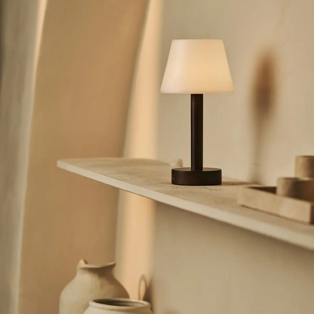 Zoë Dark Brown Wooden Rechargeable Table Lamp | Dimmable, USB-C, 80-Hour Battery