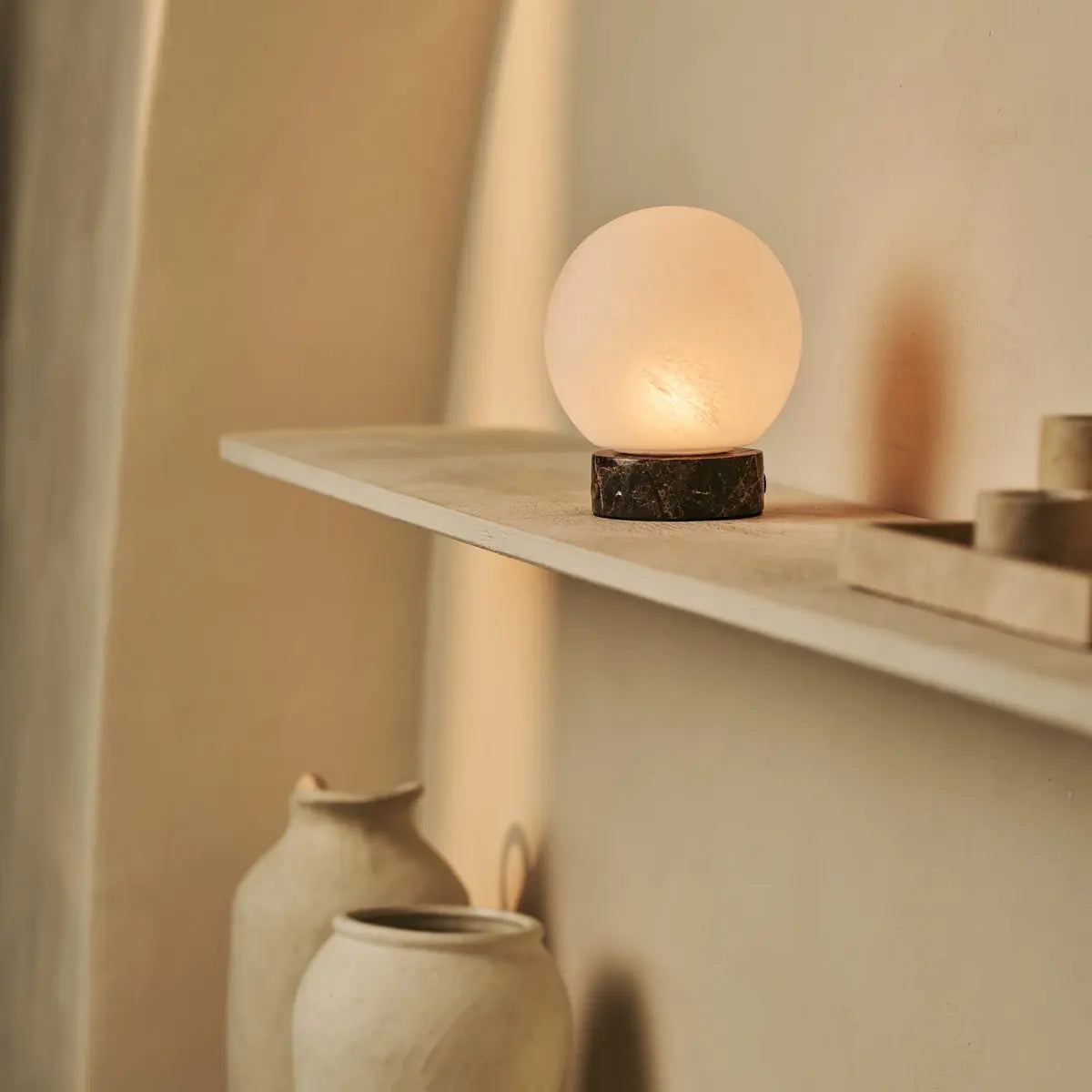 Heem Brown / Emperador Dark – Marble Rechargeable Table Lamp – 3 Light Modes, Cordless & With Glass Interchangeable Lampshade