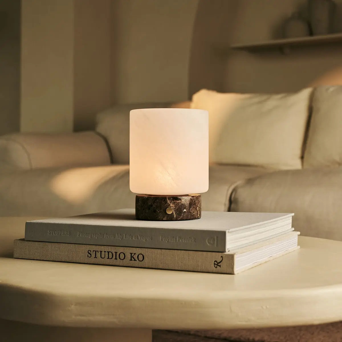 Millet Brown / Emperador Dark – Marble Rechargeable Table Lamp – 3 Light Modes, Cordless & With Glass Interchangeable Lampshade