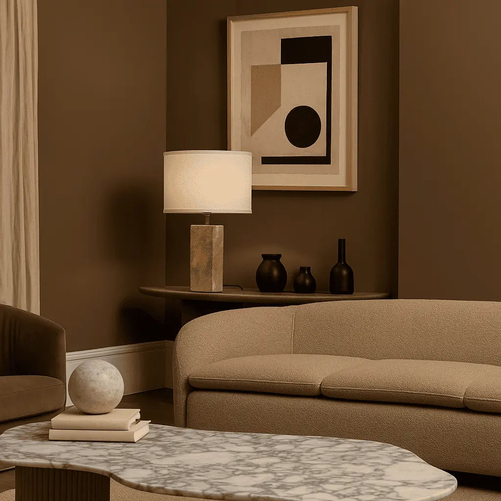 Rosie Travertine Lamp – Elegant Natural Stone with Cotton Shade