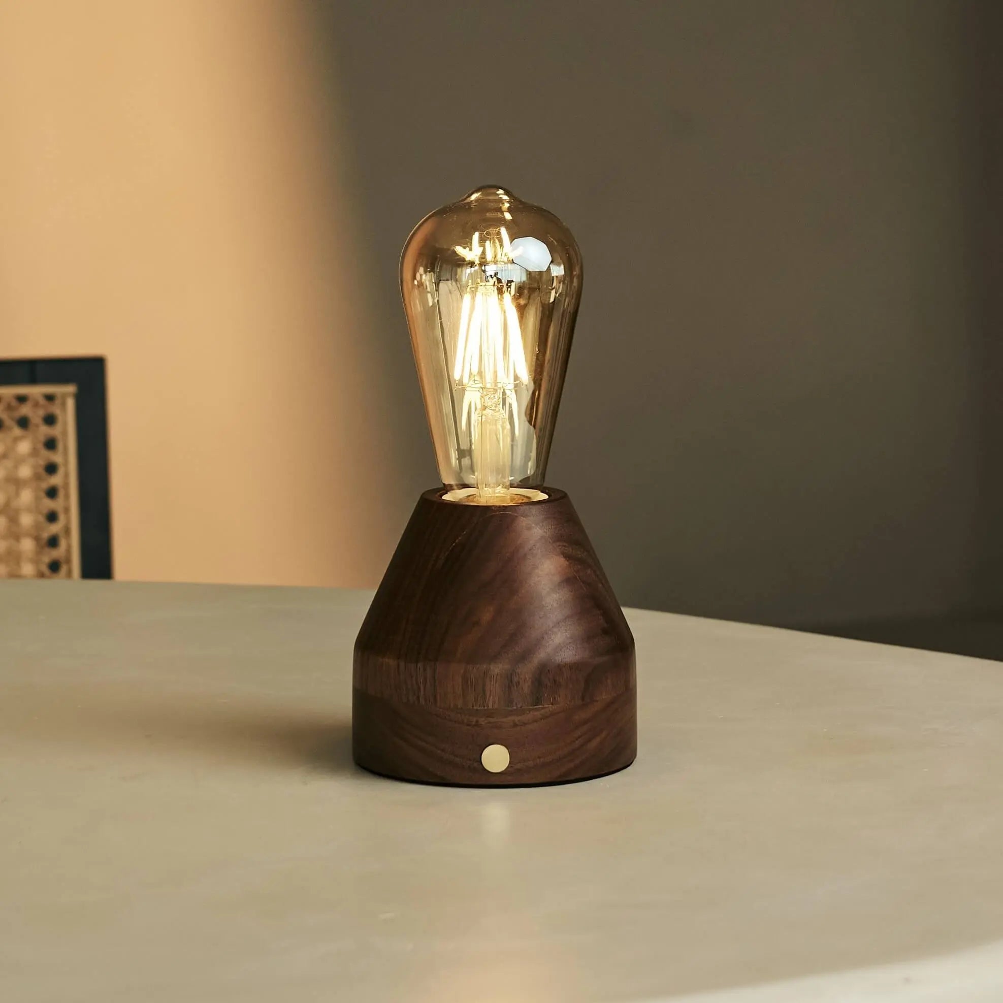 Zavi Walnut Rechargeable LED Table Lamp – Cordless, Dimmable, 100-Hour Battery